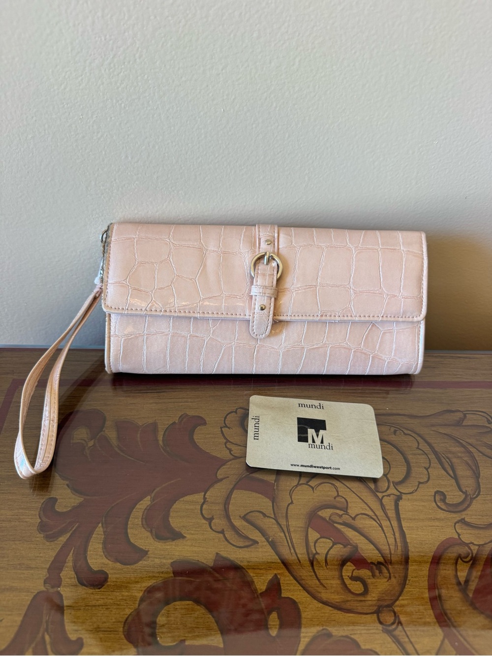 DRAMATIC PRICE DROP: MUNDI Blush/Beige Croc-Embossed Wristlet with Buckle